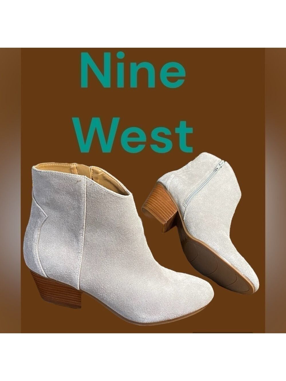 Nine West-NWT size 8.5 light putty gray “tristan” suede bootie.Side zip, 2” heel - Picture 5 of 14
